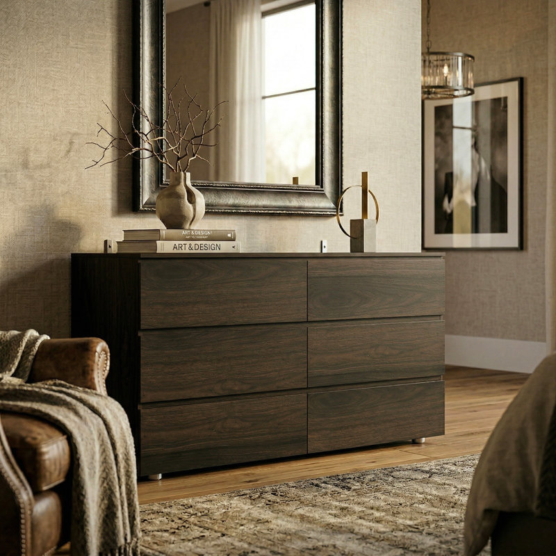 Commode 6 tiroirs avec rangement solide, Brun