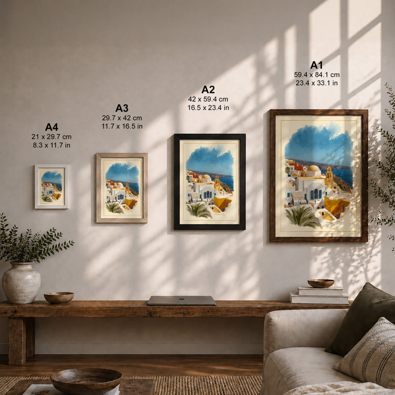 Mediterranean Village Coastal - Framed Print, A3 - 42.0 x 29.7 cm, Walnut