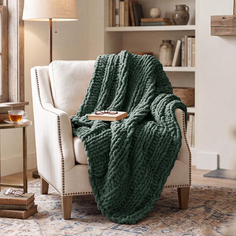 Jeté épais 100% chenille tricoté à la main pour canapé Essential Bedure, Vert foncé