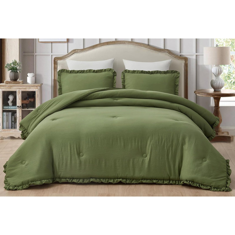 Nora Washed Microfiber Ruffled Comforter Set, Twin Comforter + 1 Standard Sham, Olive