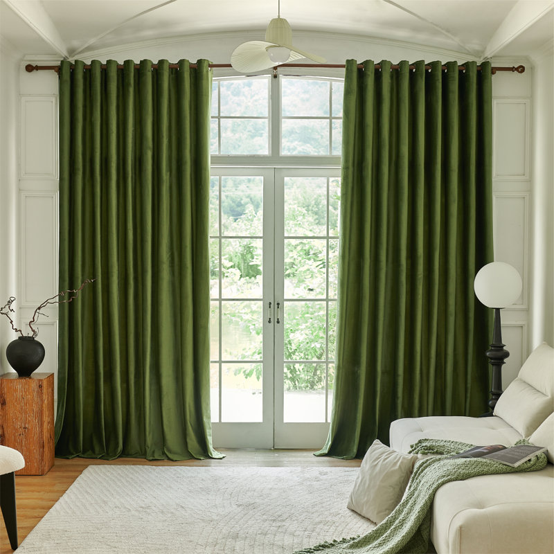 Deavion Velvet Solid Color Metal Grommets Room Darkening Curtain Panels, 52" W x 84" L, Olive Green