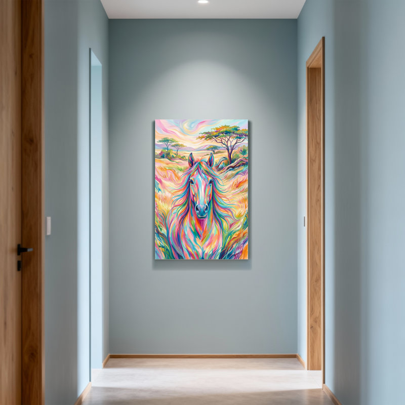 Animaux, cheval coloré avec crinière arc-en-ciel et fond de paysage, H 16 po x l 24 po