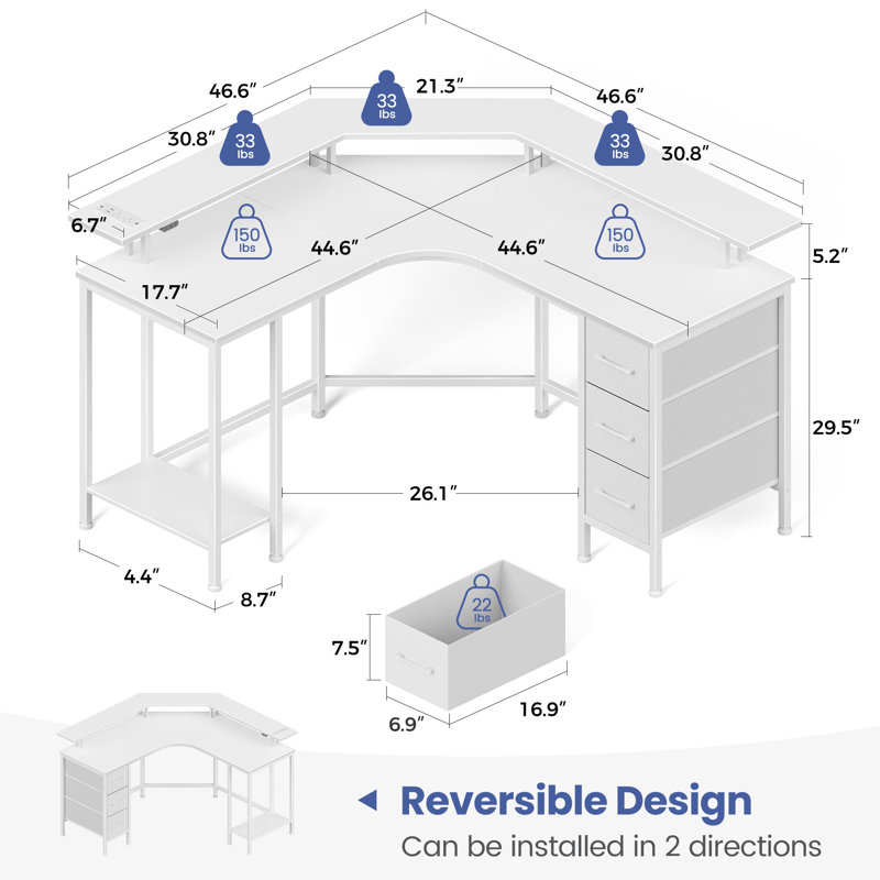 L Shaped Desk with LED Lights & Power Outlets, Computer Desk with Full Monitor Shelf, White