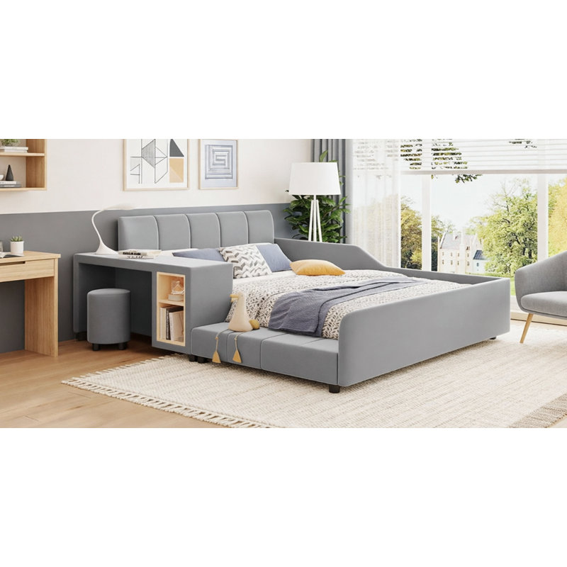 Lit tapissier au sol, Gris, Double