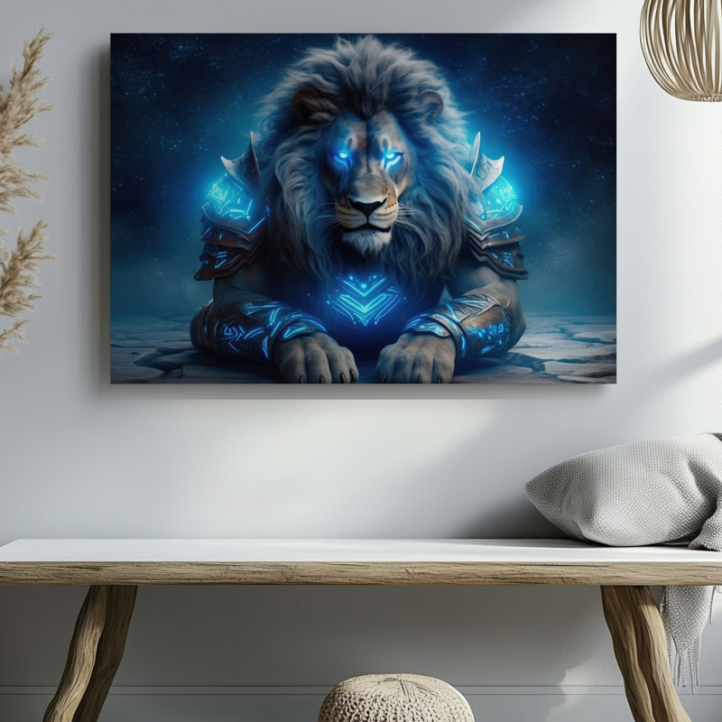 Toile, "Un lion majestueux avec des yeux bleus brillants", H 18 po x l 24 po