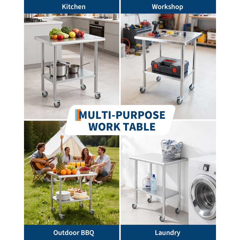 Stainless Steel Work Table on Wheels, Heavy Duty Commercial Prep Table with Adjustable Undershelf and 2 Locking Castors, 430 Steel Kitchen Workbench, 24 x 30 or 48 x 24 in