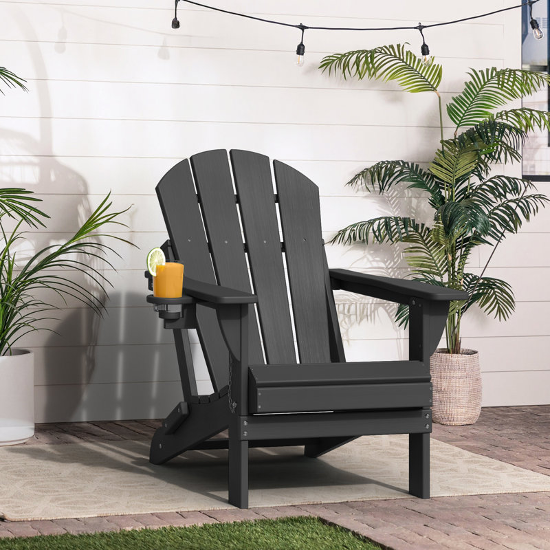 HDPE Outdoor Adirondack Foldable Chair With Cup Holder, Black