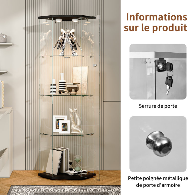 4-Tier Corner Display Cabinet with LED Light, LED Puck Lights, Black