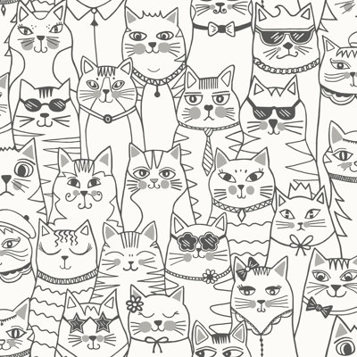 Black/White Cats Allover Wallpaper Nonwoven, Non-Pasted Textured Wallpaper 57Sqft.