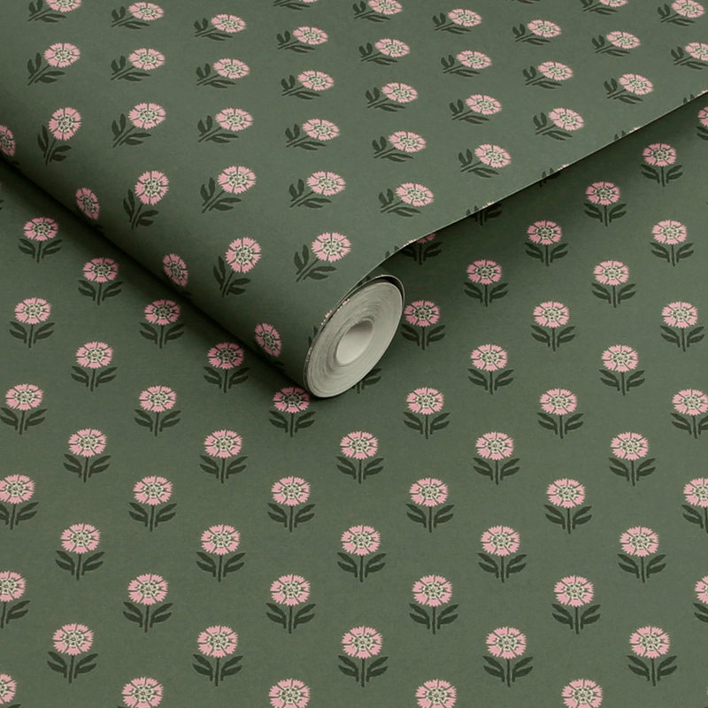 Joules Wood Block Floral Grasscloth/Brown Wallpaper, Green
