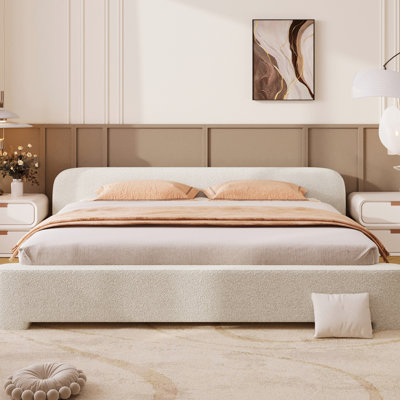 Très grand lit tapissier blanc Boucle, convenant à différentes tailles de chambre à coucher, structure de support robuste en bois de bouleau, stabilité à 10 lattes