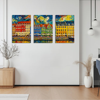 «Van Gogh Inspired Cityscape», ensemble de 3 reproductions d'art sur toile tendues