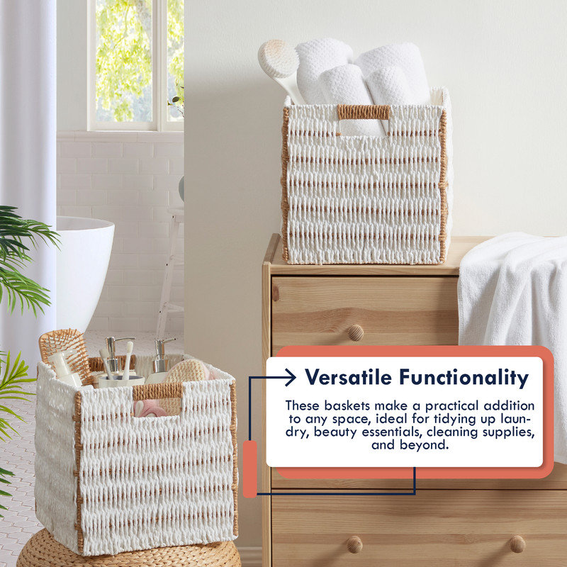 2 Pack Wicker Paper Storage Basket Cube Bin, 9" H x 9" W x 9"D , White/Brown