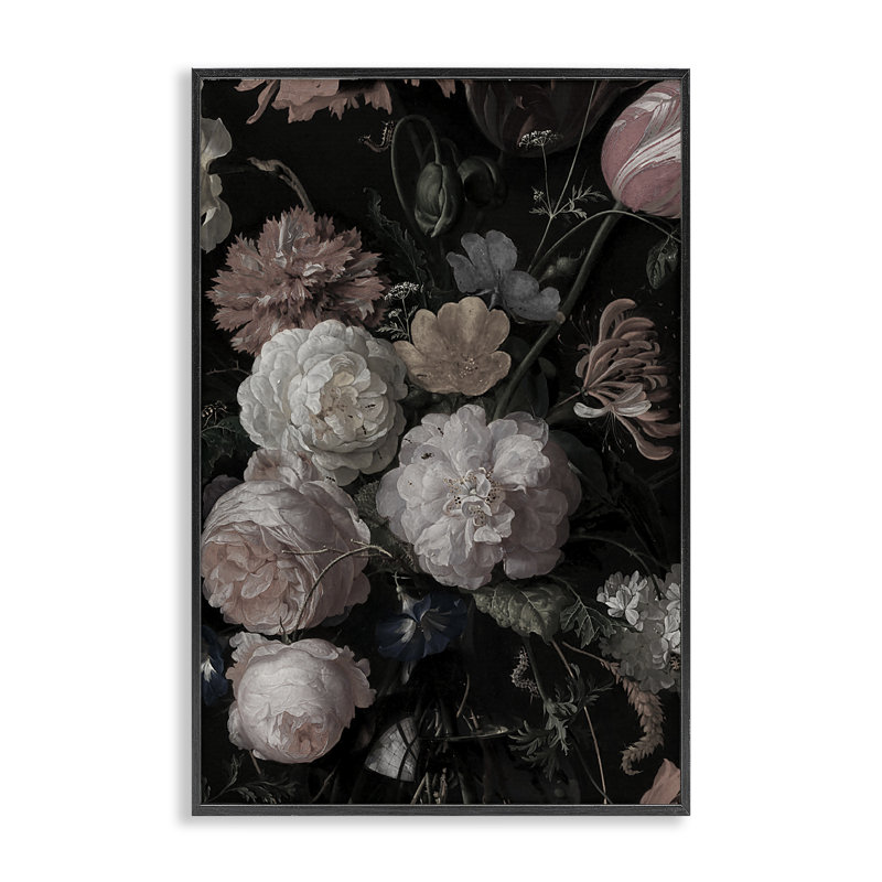 Arrangement foncé de fleurs, estampe numérique, conception par Annabelle Hall, H 30 po x l 20 po, Giclée encadrée noir minuit