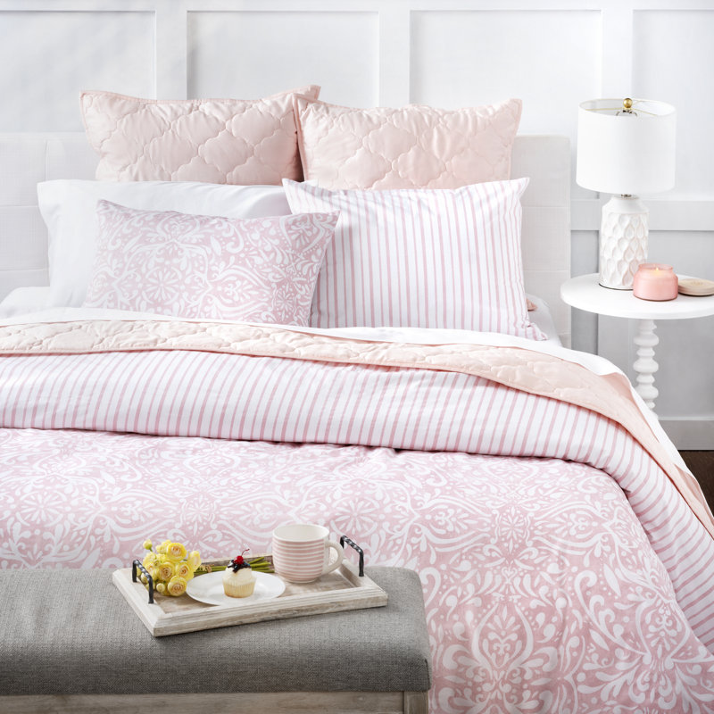 Ensemble d'édredon réversible 3 pièces Avery Medallion, Édredon pour grand lit + 2 taies décoratives sta, Rosé