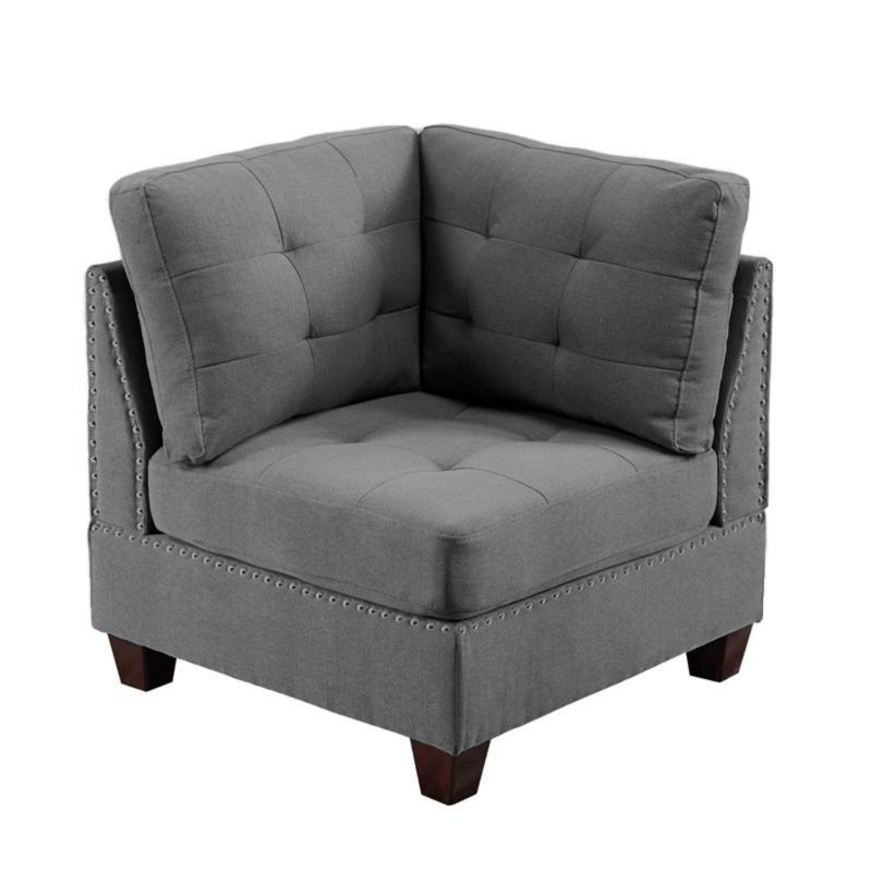 Ensemble de salon modulaire contemporain modulaire 7 pièces Mobilier de salon en L gris capitonné en tissu d'ameublement avec têtes de clous capitonnés 2X coin 3X fauteuil sans accoudoirs et 2X repose-pieds