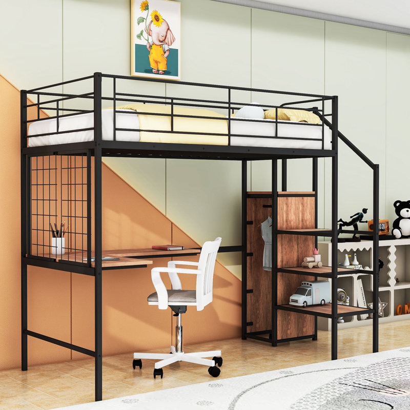 Metal Loft Bed With Desk And Staircases, Black, Twin