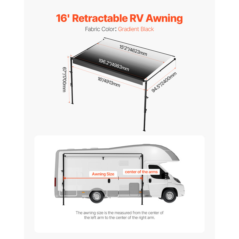 VEVOR 240cm D Vinyl Cover Retractable Trailer Awning, 170.2cm H x 498.3cm W x 240cm D, Black