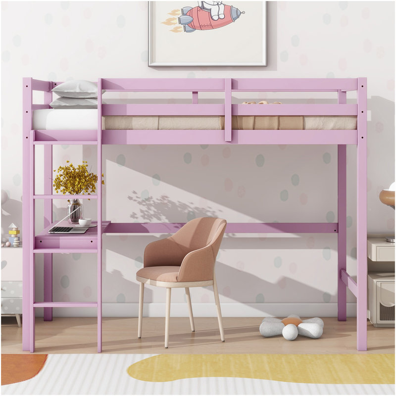 Lit mezzanine simple haut, lit mezzanine en bois d'hévéa avec garde-corps de sécurité, bureau intégré, échelle, rose, Rose