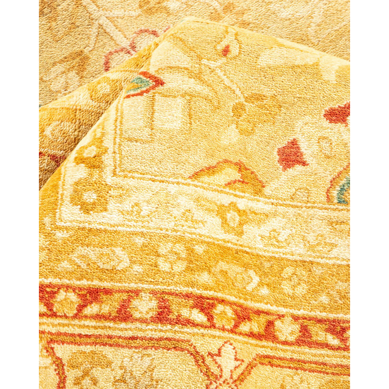 Tapis jaune noué à la main de conception unique 8 pi 2 po x 9 pi 10 po Keller