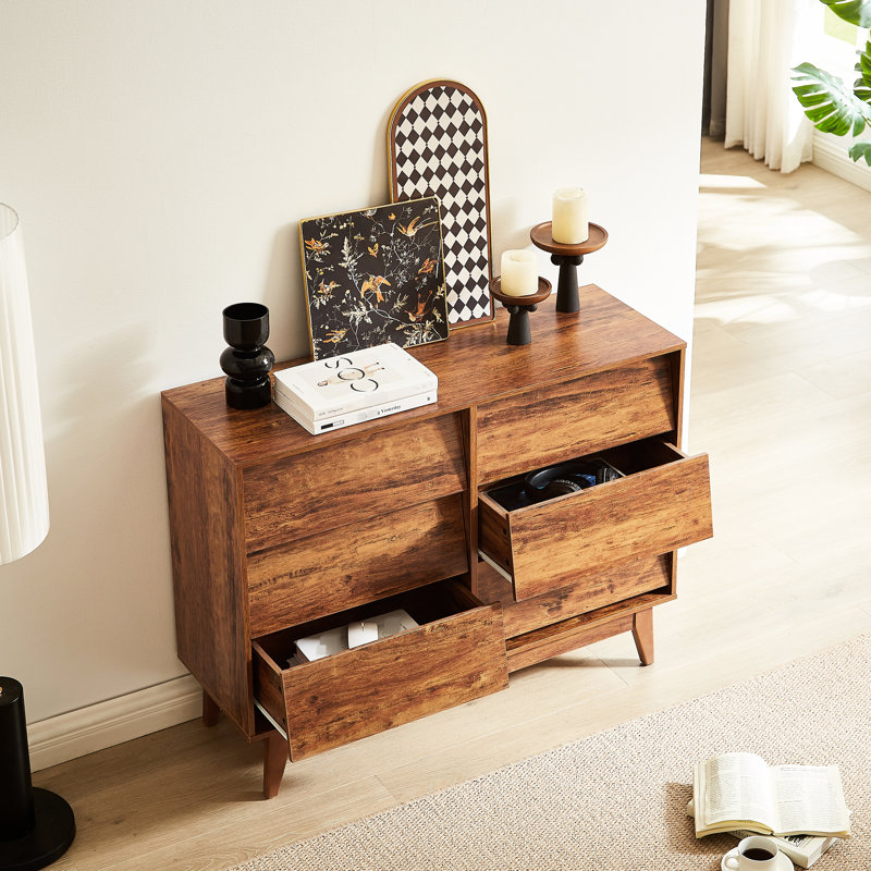 Bevel Design 6 Drawer Double Dresser, Brown Material, 47.3 W 13.5 D 30 H, And Spacious For Bedroom Use , Vintage - Style, Design, Chest