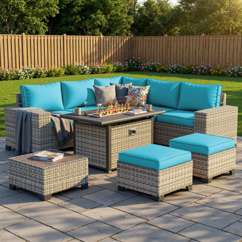 Ensemble de conversation modulaire pour l'extérieur 9 pièces avec table de foyer, canapé modulaire et repose-pieds