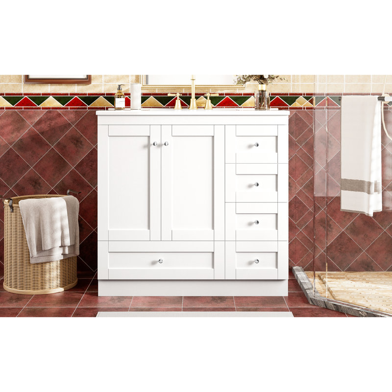 Meuble-lavabo de 36 po avec lavabo en céramique, tiroirs à fermeture en douceur, deux portes, design élégant, rangement intelligent pour les serviettes de style shaker de 36 po, plusieurs sous-éviers spacieux, fonctionnels et pratiques