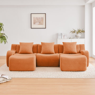 U-Shaped Soft Teddy Fabric Boneless Sofa, Assembly Chaise ,No Assembly Required Curved Armrest,Anti-Slip Design 32D High Density Sponge Streamlined Design,Fits Living Rooms Reading Nook,Orange