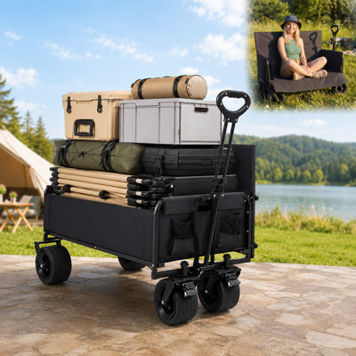 400 lbs Capacity 3-in-1 Foldable Wagon Cart Converts to a Bench, Heavy Duty Collapsible Utility Wagon with Adjustable Handle, Dual Wheel Brakes, Cup Holders