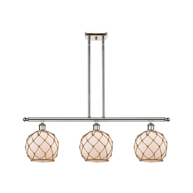 Luminaire suspendu linéaire à 3 lumières pour îlot de cuisine Hildebrandt Farmhouse, Verre blanc avec corde brune
