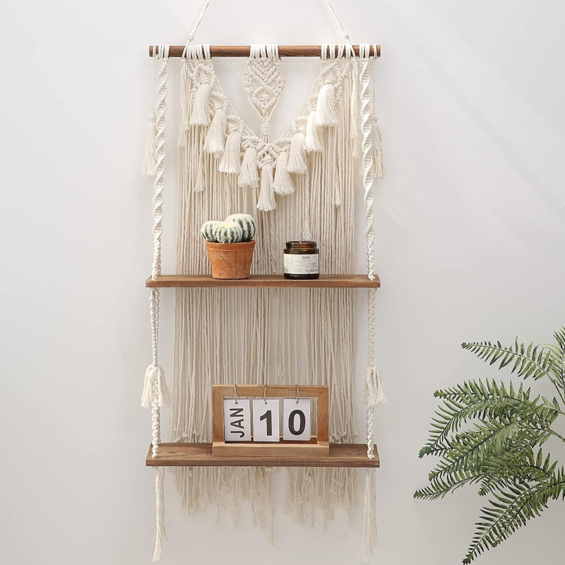 Étagère murale suspendue en macramé à 2 niveaux, style bohème, étagères flottantes en bois