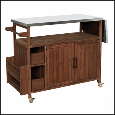Chariot de cuisine à roulettes pour l'extérieur 54,33 pouces avec cadre en bois massif, plateau en acier inoxydable et rangement multifonctionnel pour barbecue de patio et de jardin