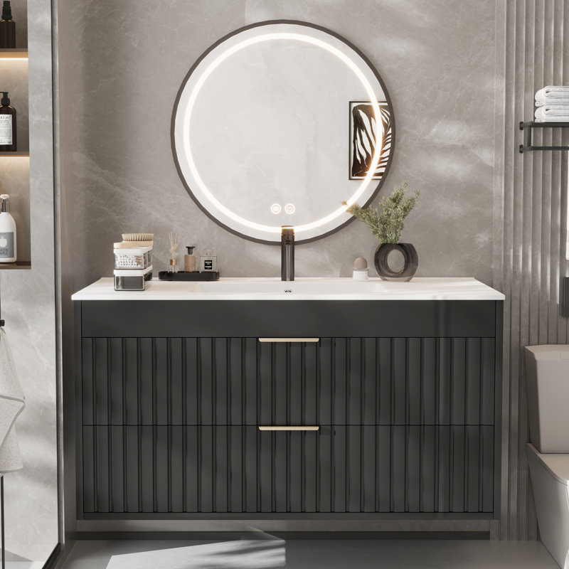 Meuble-lavabo de salle de bain avec lavabo, armoires flottantes murales avec 2 tiroirs cannelés et poignée en métal, lavabo en céramique intégré pour appartement, maison
