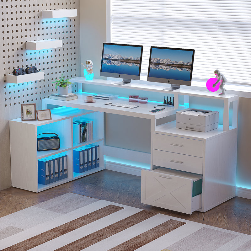 Ravleen 66'' W L-Shaped Computer Desk with Cube Shelves and Cabinet, White