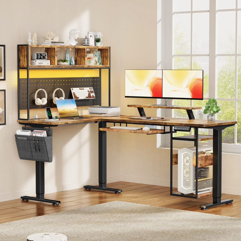 Bureau debout à hauteur réglable en forme de L avec lumières à DEL et prise de courant, avec rangement, Brun café / noir