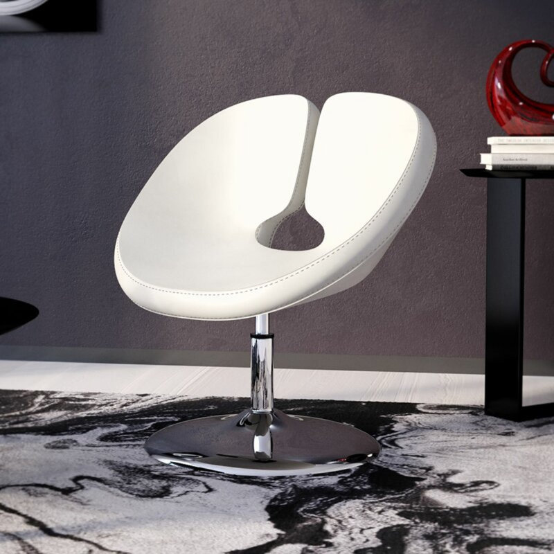 Chaise longue pivotante rembourrée en cuir Perch Vegan en rouge et chrome poli, Simili cuir blanc