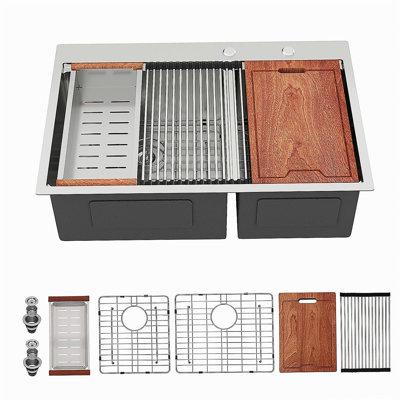 33"x 22" x 10" Double Bowl (60/40) Kitchen Sink 16 Gauge with Two 10" Deep Basin, Brushed Nickel - Topmount Drop in Kitchen Sink