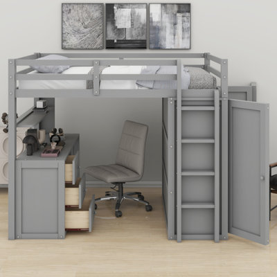 Space-Saving Loft Bed Equipped with Desk, Drawers and Wardrobe