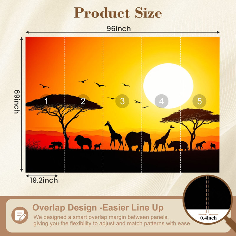 Papier peint adhésif auto-adhésif moderne l 96 "x H 69" pour chambre à coucher, paysage africain, silhouette de savane, coucher de soleil