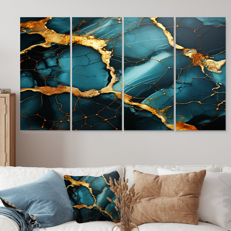 Or agate topaze dorée et verte granit - abstrait 4 pièces, H 28 po x l 48 po