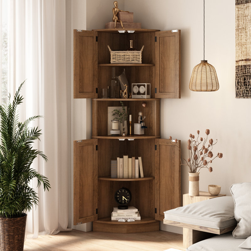 Ciauna 64.7''H Corner Cabinet with Rattan Doors, Natural, Brown