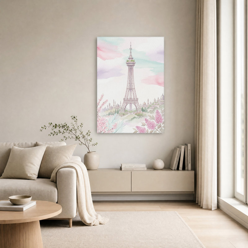 Aquarelle sur toile, Tour Eiffel et fleurs roses, H 24 po x l 16 po