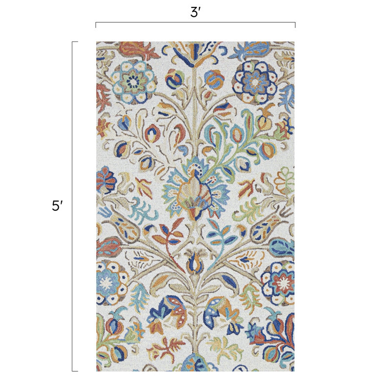 Acacia Floral Handmade Tufted Wool Blue/Beige/Green Rug, Rectangle 3' x 5'