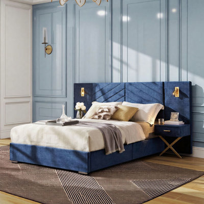 Upholstered King Platform Bed with Wingback Headboard, Built-in Nightstands and LED Lighting, Velvet Tufted, Blue
