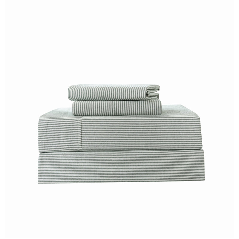 MooMee Striped Sheet Set 100% Washed Cotton Linen Like Textured Breathable Lightweight, King Sheet Set with 2 Pillowcases