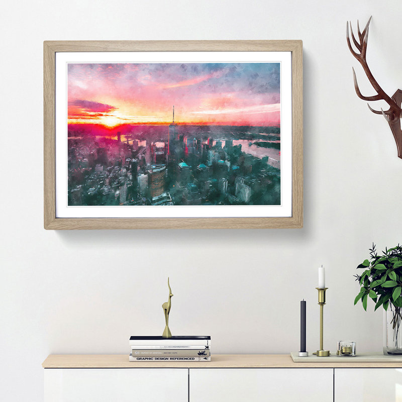 Sunset over New York City - Picture Frame Painting Print, 62cm H x 87cm W x 2cm D, Oak Framed