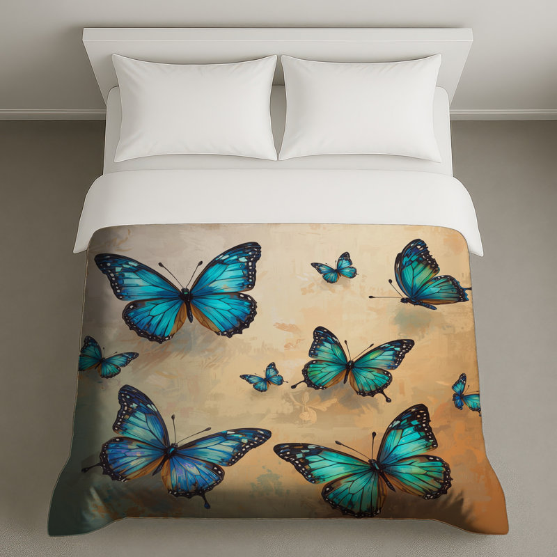 Housses de couette papillons bleus orange, Très grand lit