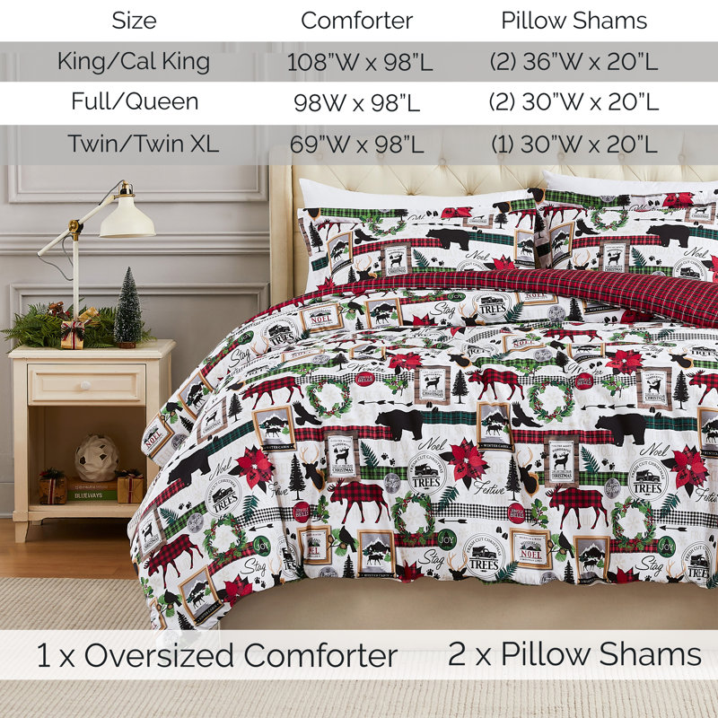 Merrytown Christmas Oversized Reversible Holiday Bedding Down Alternative Comforter Set with shams