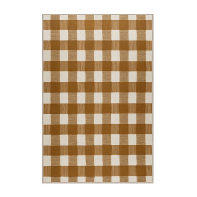 Machine Washable Checkered Brown Area Rug