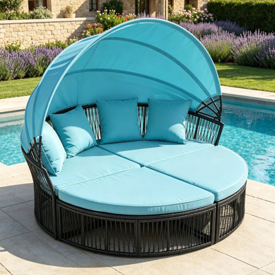 Outdoor Round Daybed with Retractable Canopy, Patio PE Wicker Sectional Sofa with Thick Cushions & Throw Pillows, All-Weather Rattan Seating Set for Backyard Poolside Garden, Blue